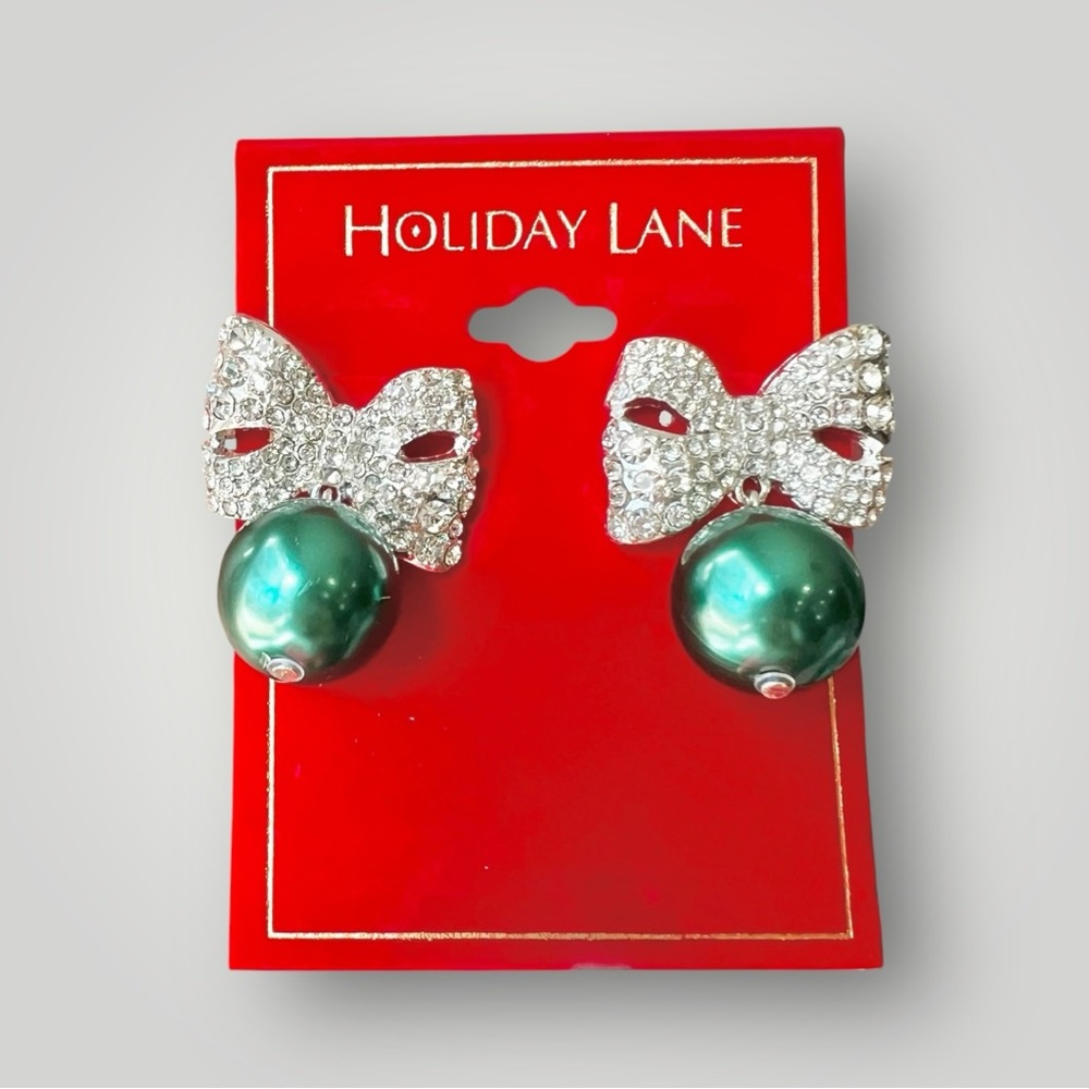 Pavé Ribbon Silver Tone Green Christmas Ornament Stud Earring Holiday Lane New - Picture 4 of 7